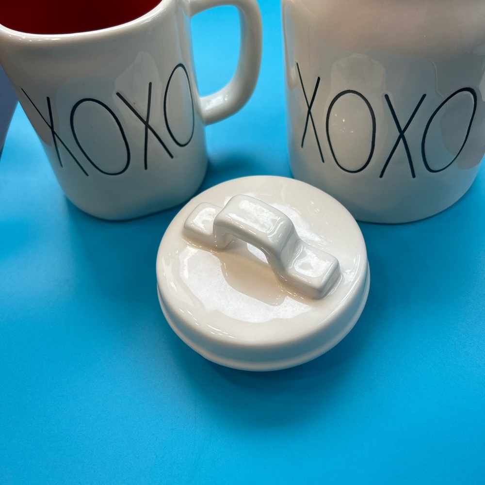 Great anytime gift Rae Dunn 3 pc XOXO white canister w/lid & coffee mug.